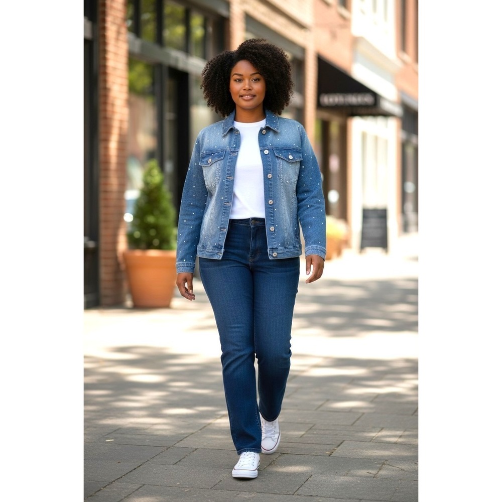 (B-38)Nicole by Nicole Miller Denim Jacket Rhinestone Studded Women's M Blue QVC